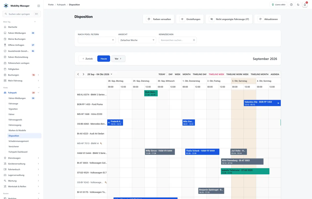Plantafel mit den Buchungen der Poolfahrzeuge in MobilityManager