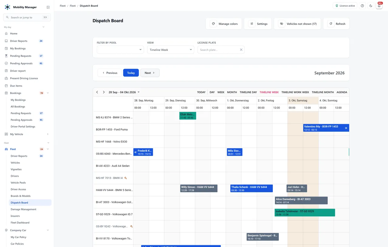 Dispatch board with the bookings of the pool vehicles in MobilityManager