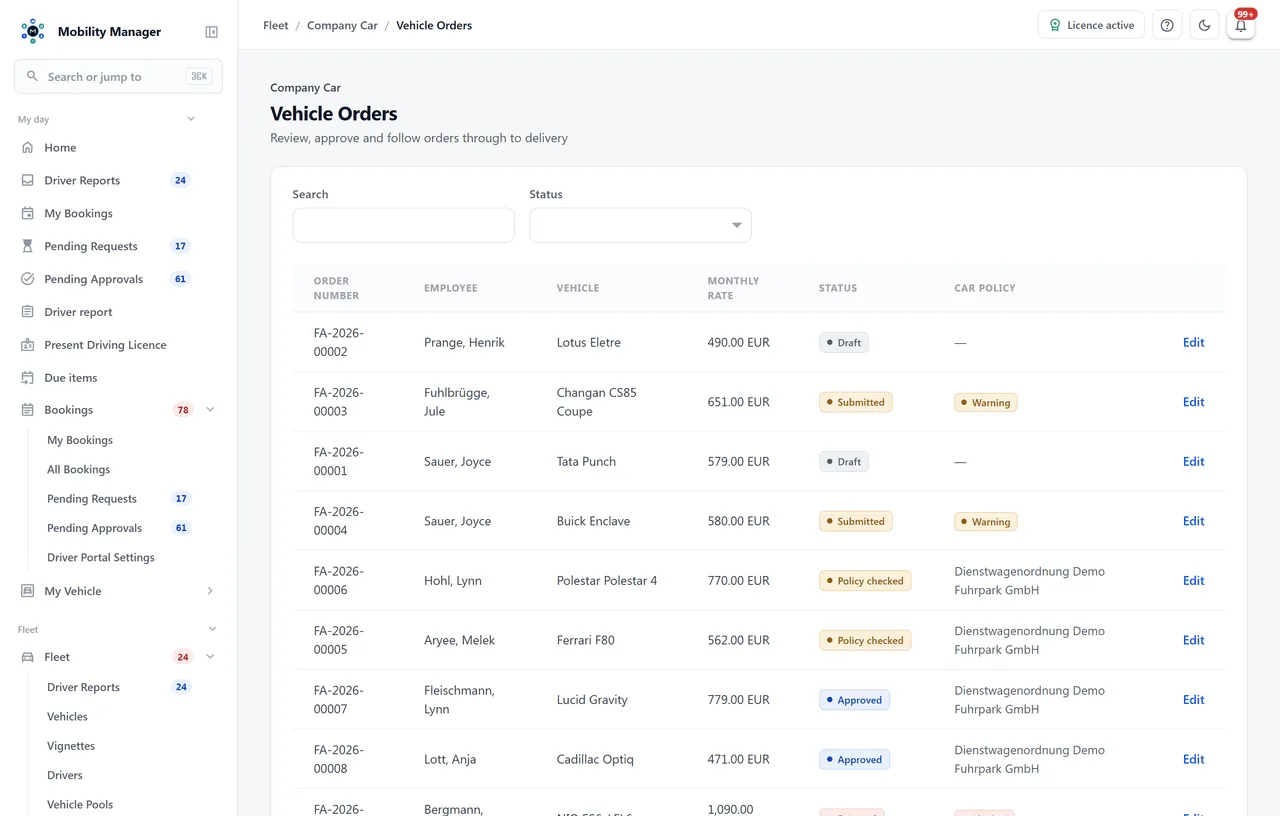 Vehicle order overview · Real product view with demo data