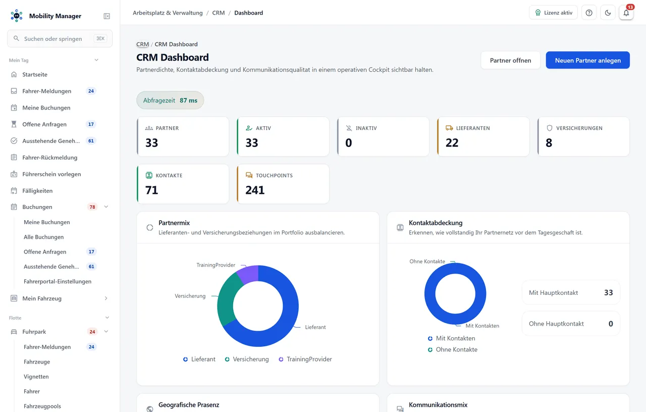 CRM-Übersicht · Echte Produktansicht mit Demodaten