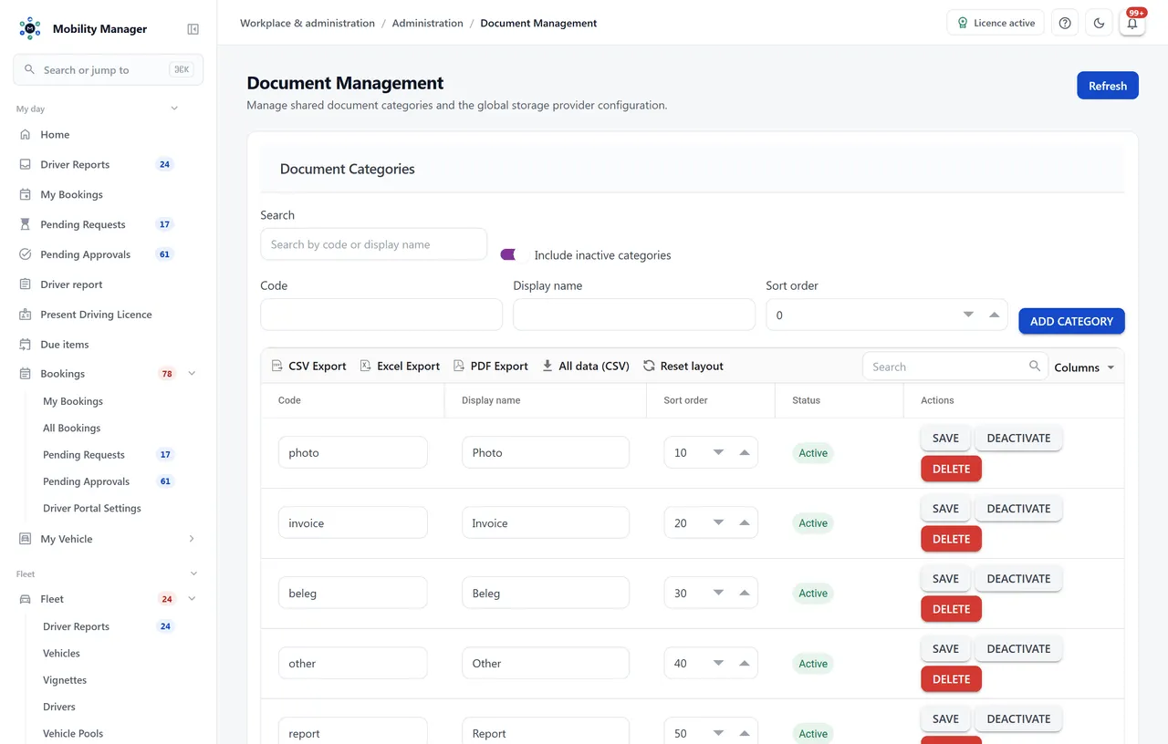 Document management view · Real product view with demo data