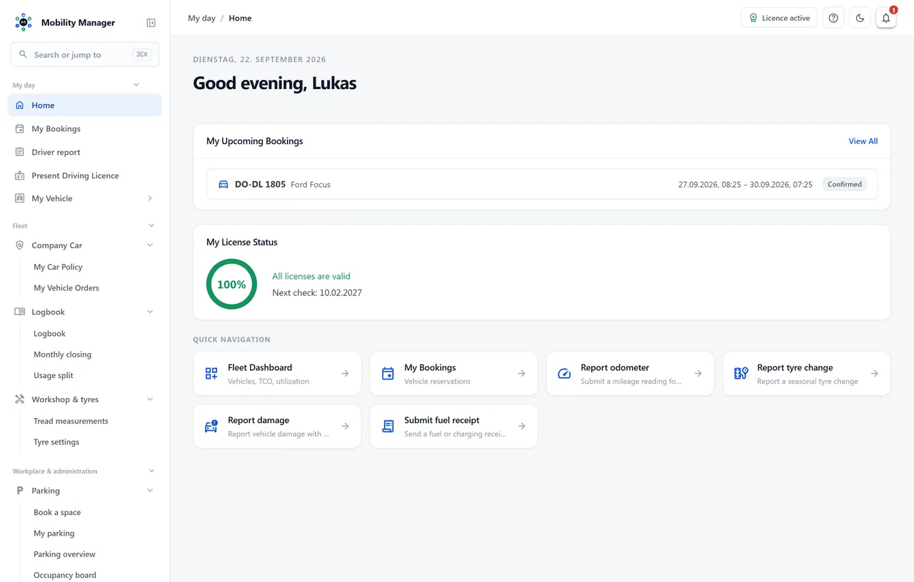 Driver portal home screen · Real product view with demo data