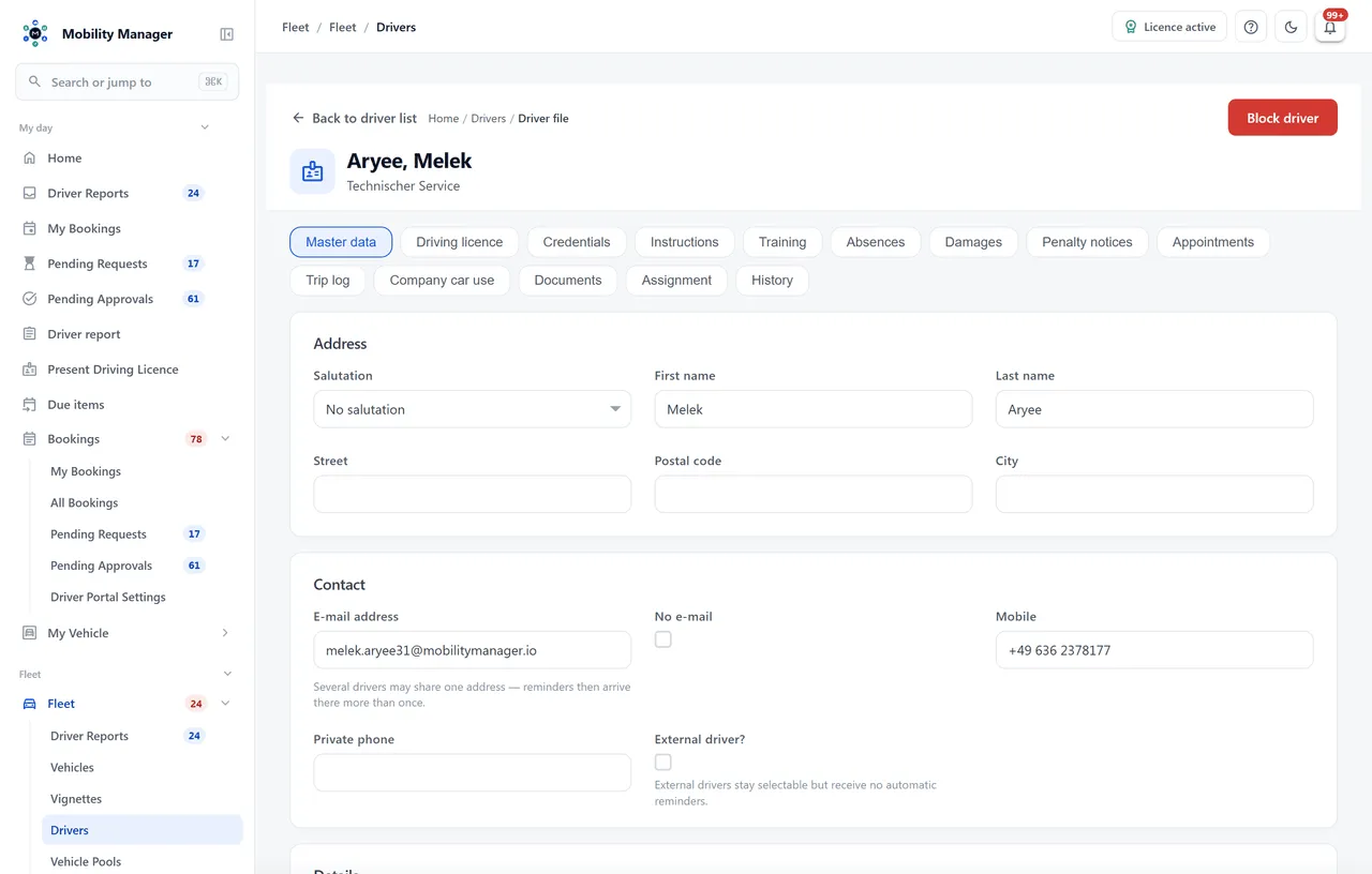 Driver record detail view · Real product view with demo data