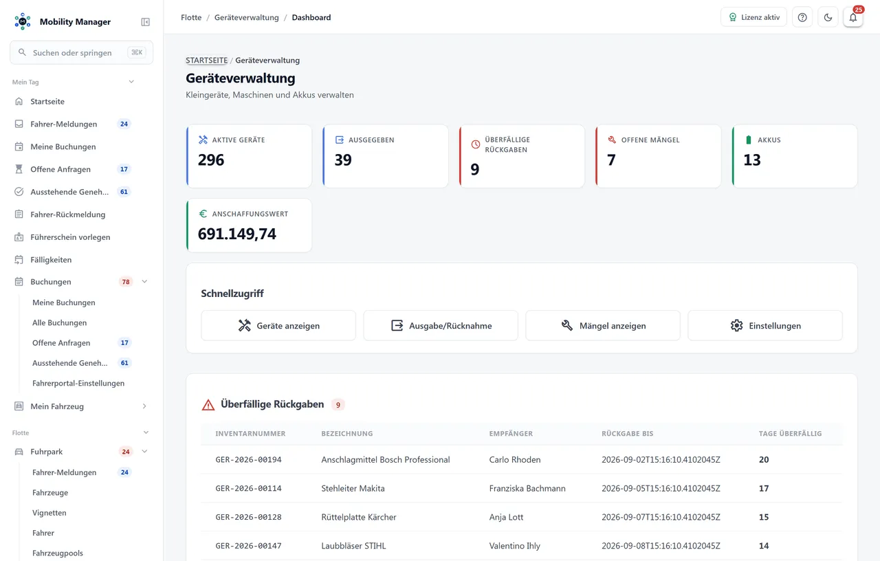 Geräteübersicht · Echte Produktansicht mit Demodaten