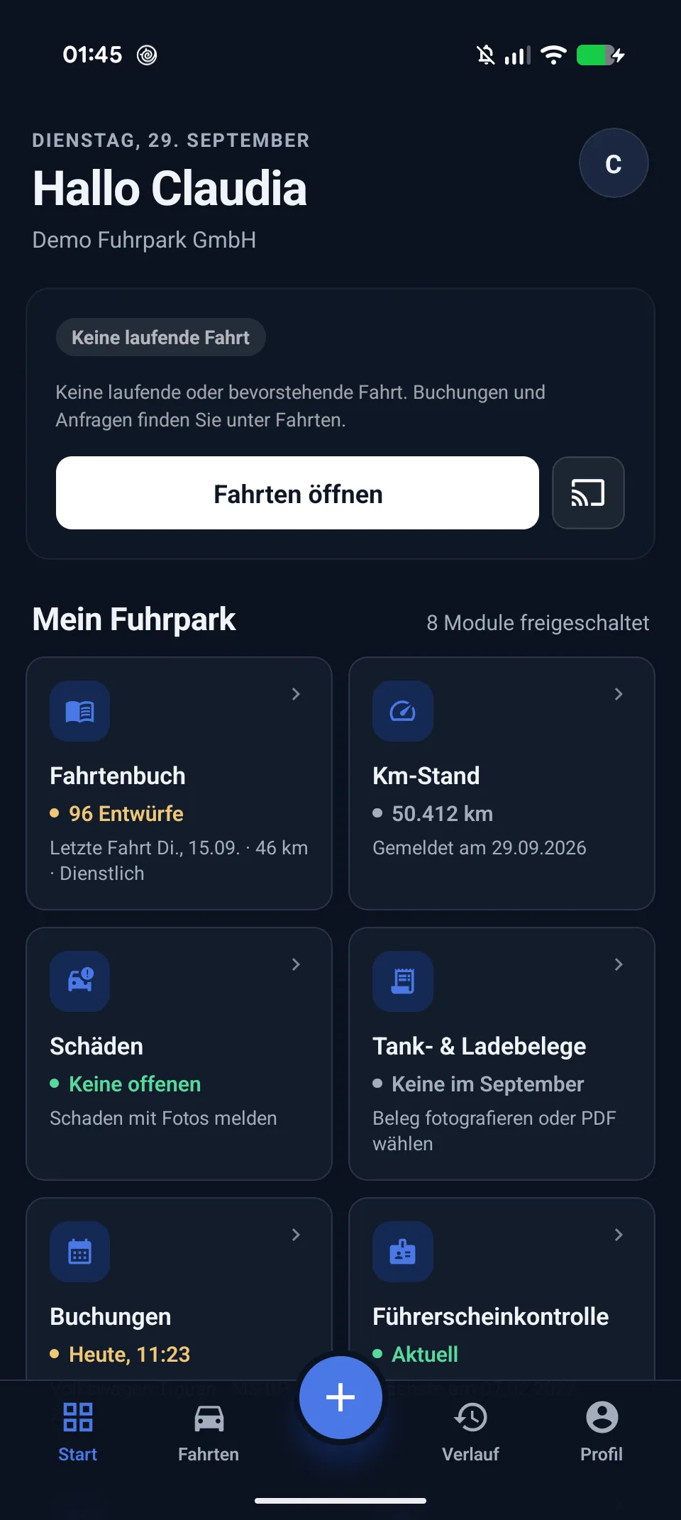 Neue MobilityManager Startseite auf Android mit Demo-Fahrerprofil, Fuhrpark-Kacheln und den Tabs Start, Fahrten, Verlauf und Profil