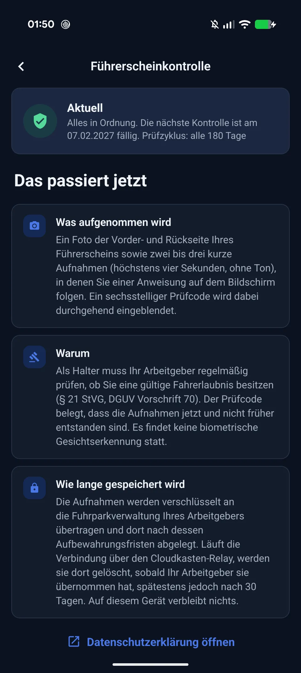 Führerscheinkontrolle in der Android-App mit aktuellem Status und Hinweisen zu Aufnahmen, Zweck und Speicherung
