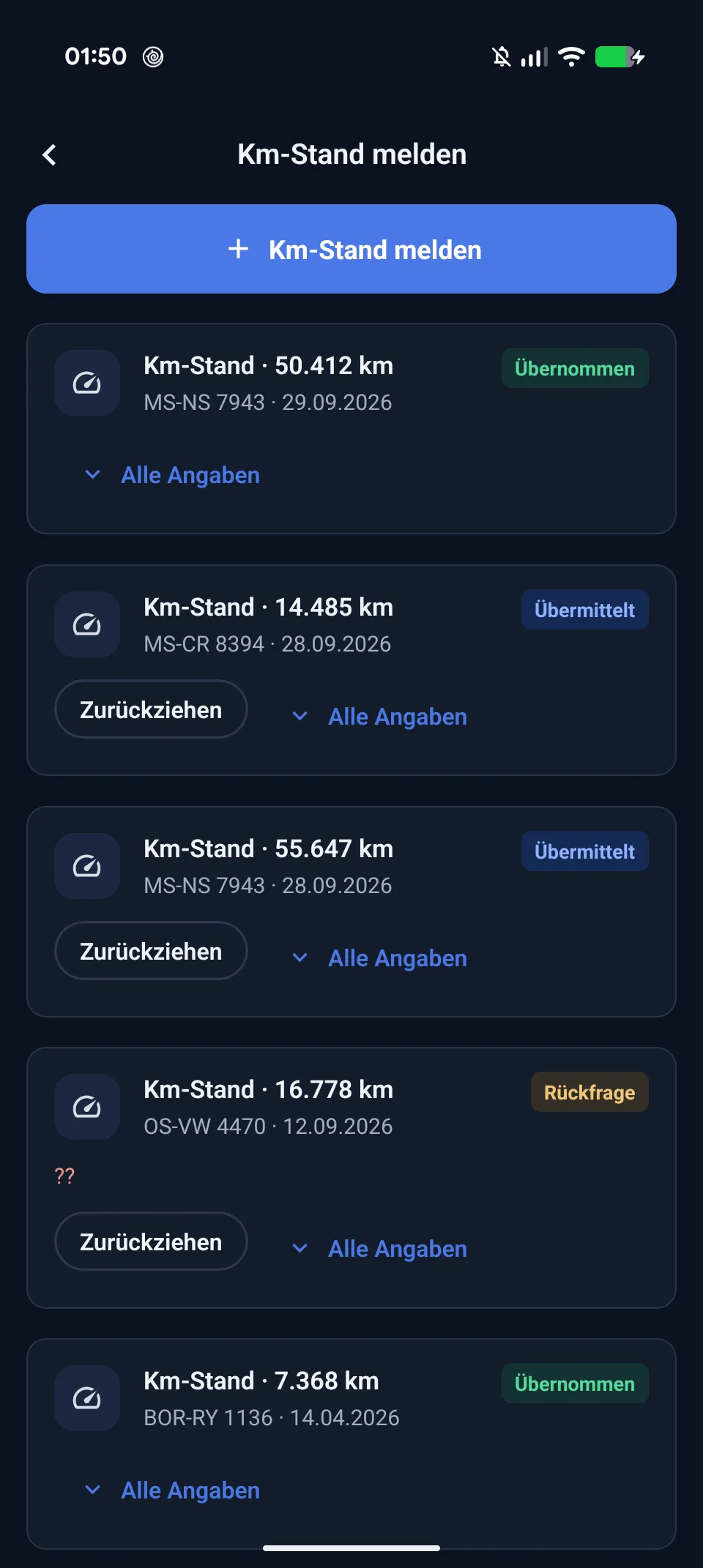 Kilometerstandsmeldungen in der aktuellen Android-App mit der Aktion Km-Stand melden und dem Status bisheriger Einträge