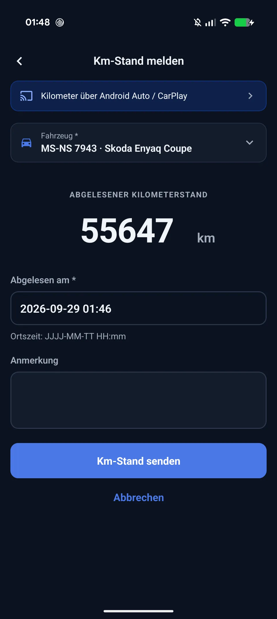 Kilometerstand in der Android-App erfassen: Fahrzeug auswählen, Wert und Ablesezeit prüfen