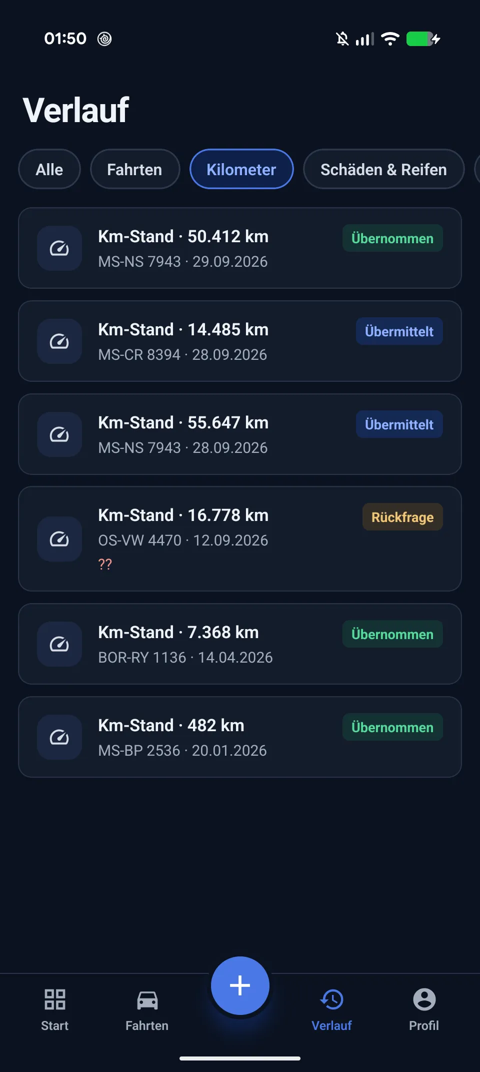 Eingereichte Kilometerstände und ihr Bearbeitungsstand in der MobilityManager Fahrer-App
