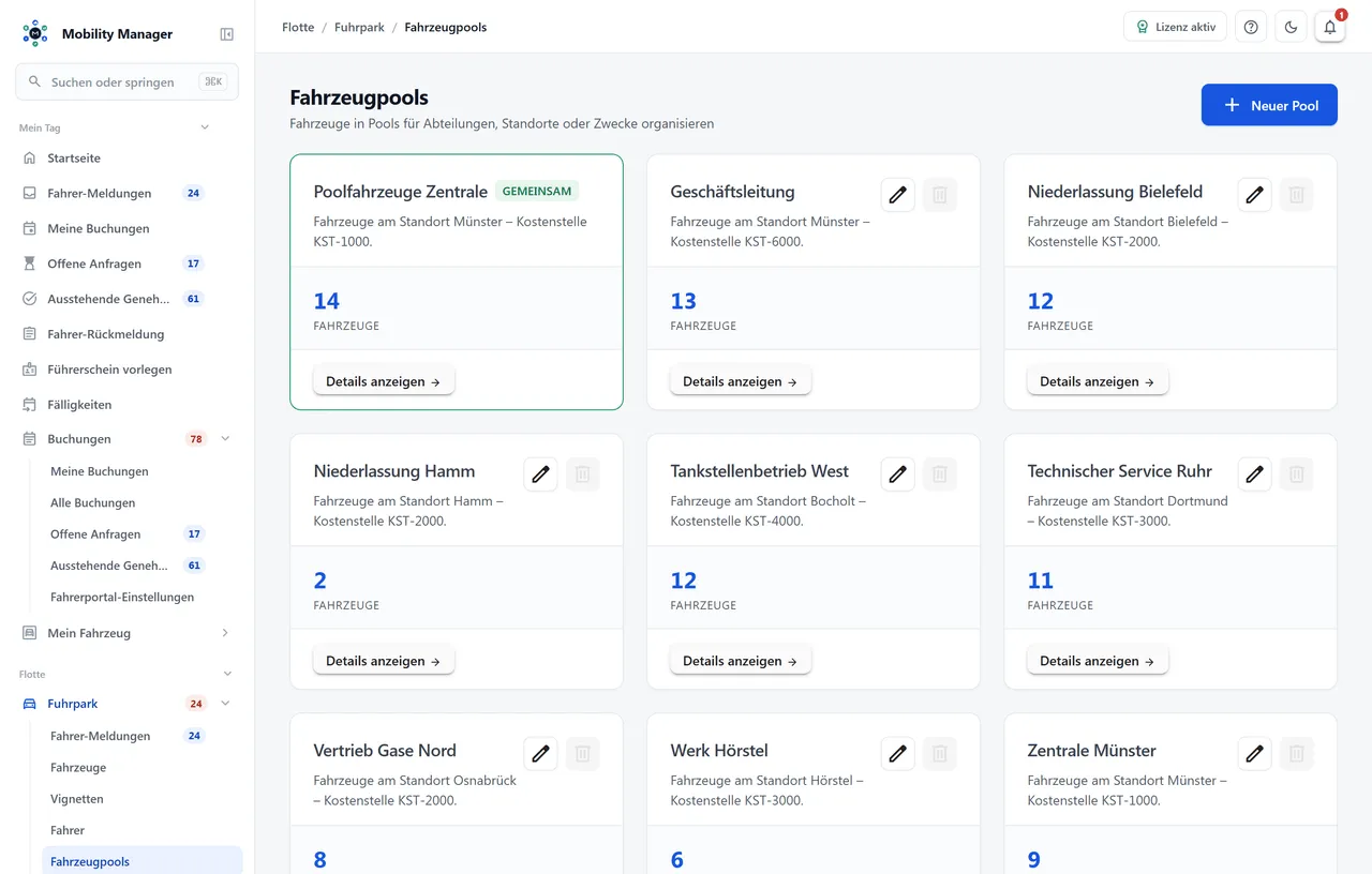 Fahrzeugpools mit zugeordneten Fahrzeugen und Fahrerzugang in MobilityManager
