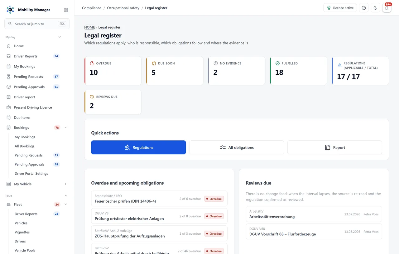 Legal register overview · Real product view with demo data