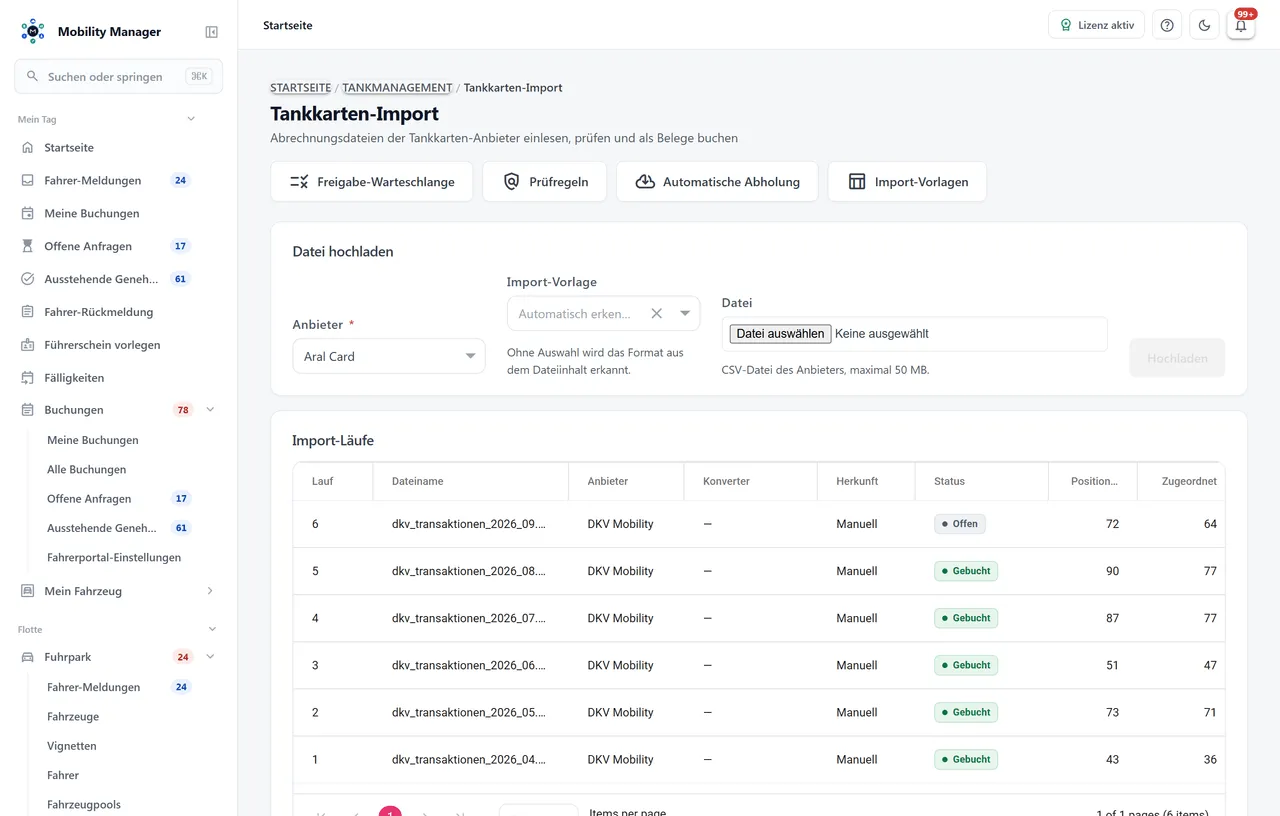 Tankkarten-Import · Echte Produktansicht mit Demodaten