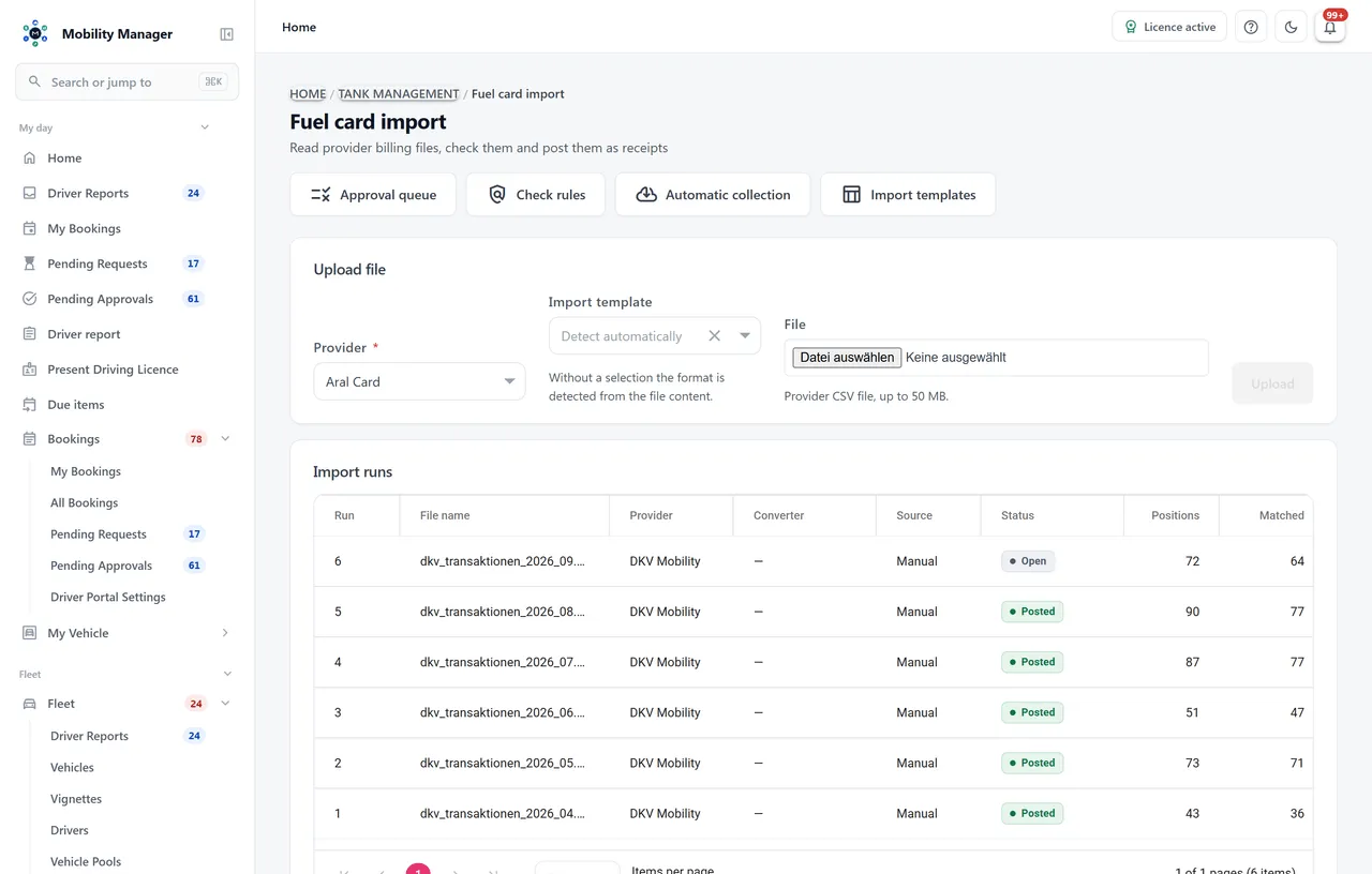 Fuel-card import view · Real product view with demo data