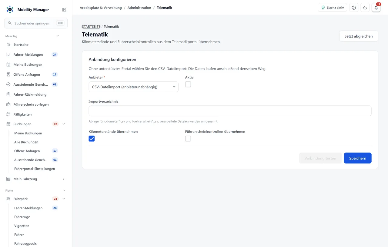 Telematik-Anbindungen · Echte Produktansicht mit Demodaten