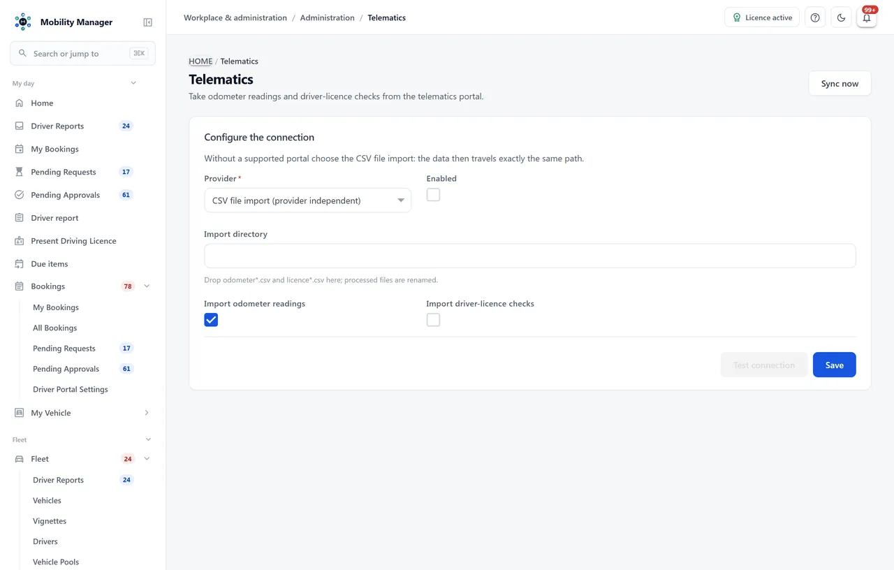 Telematics connections · Real product view with demo data