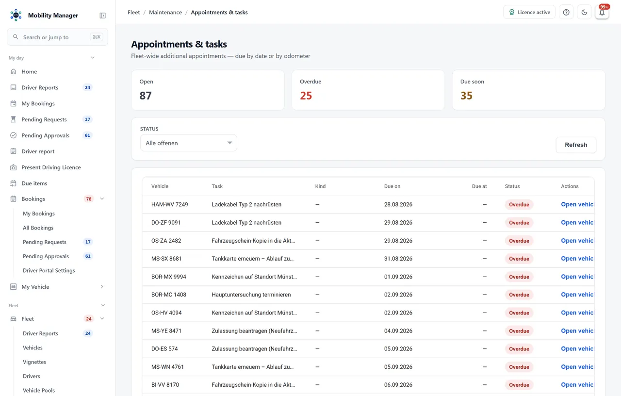 Appointments & tasks in the demo application, grouped by due status.